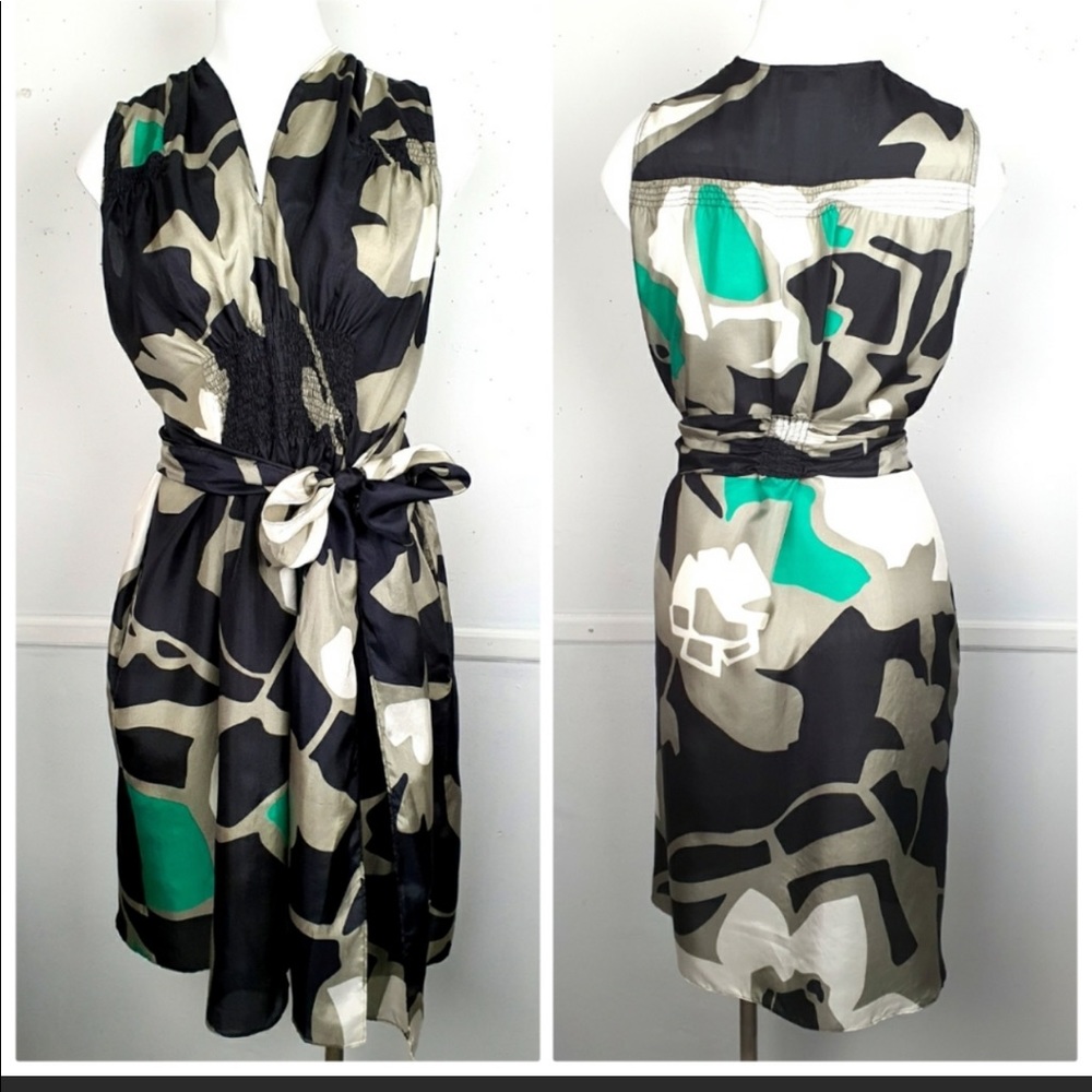Theory Black Grey Green Abstract Silk Dress.